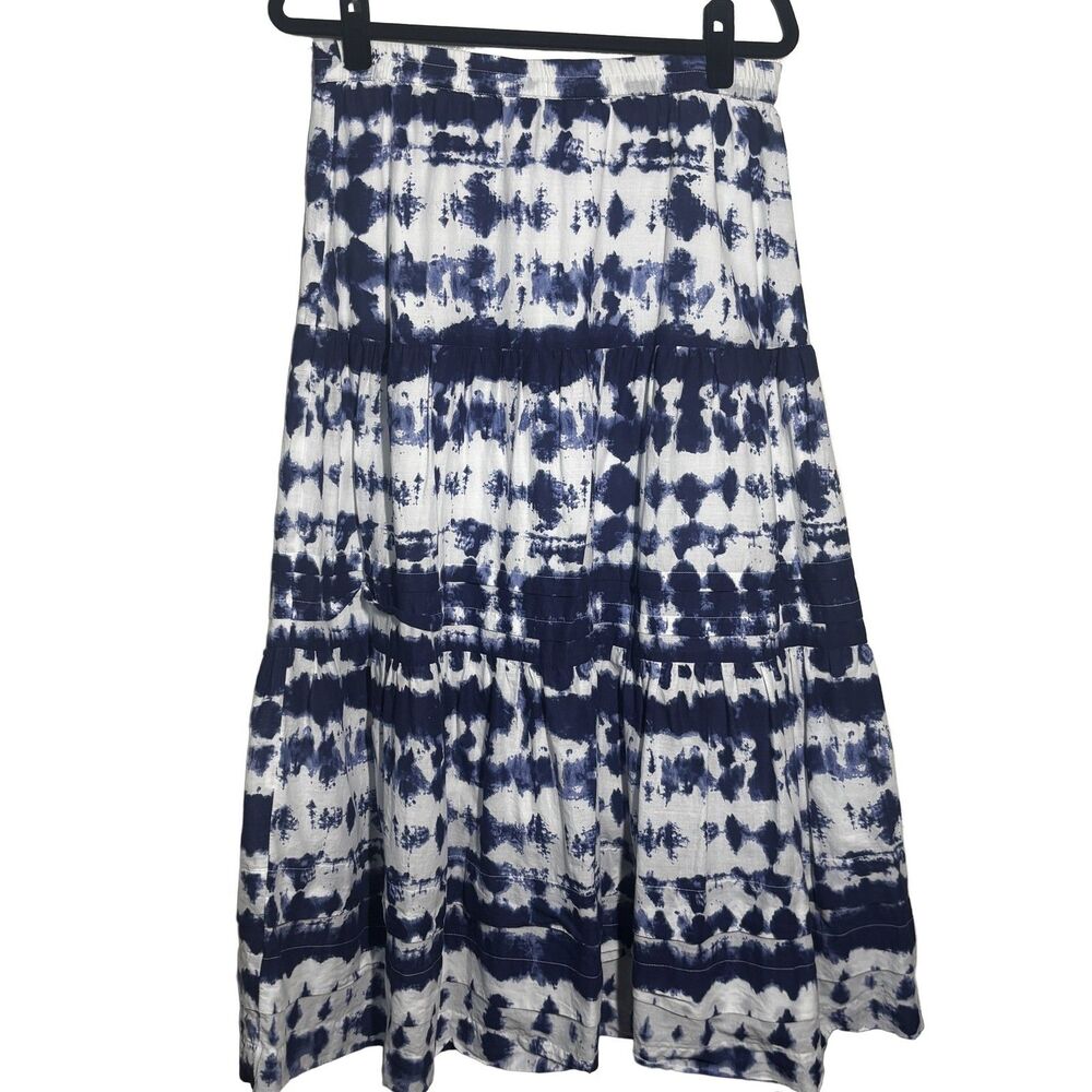 The Pyramid Collection Tiered Maxi Skirt Women's M Blue White Tie-Dye Cotton
